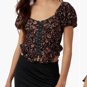 Free People Brown and Black Ruffled Crop Blouse